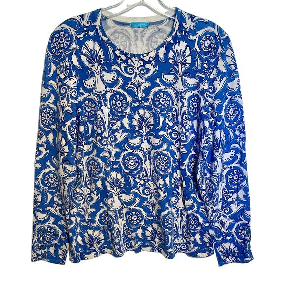 J. McLaughlin Swirly Paisley Lightweight Sweater Womens Large Blue & White Modal - Picture 1 of 9